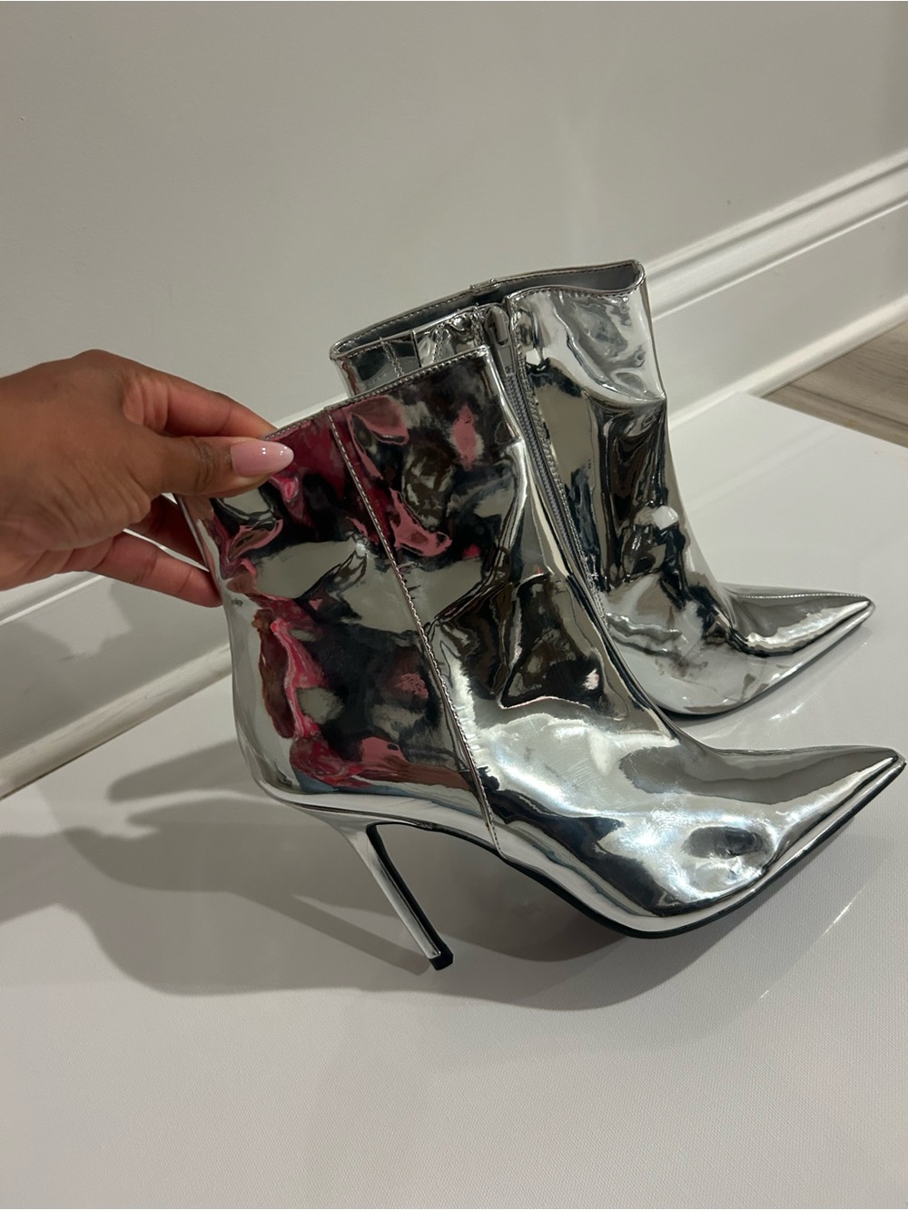 Metallic Silver Pointed-Toe Stiletto Ankle Boots - Women's